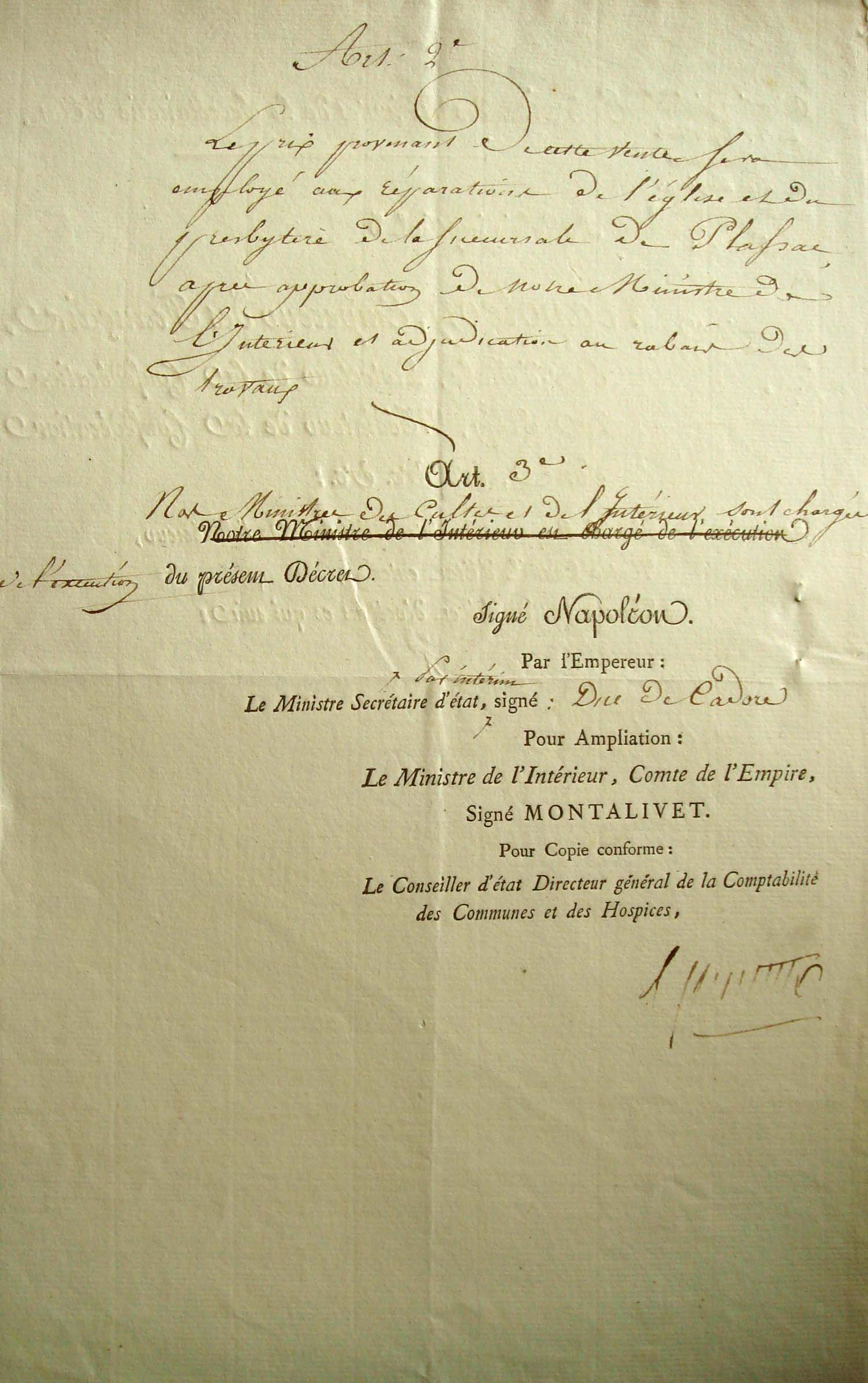 Dernière page du décret de rattachement des paroisses de Claix et de Rouffiac à Plassac